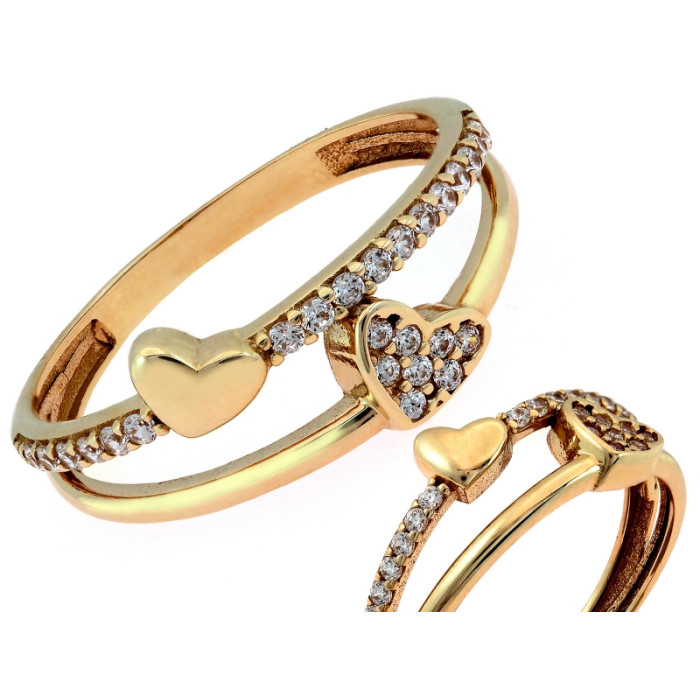 Złoty pierścionek 375 podwójny z sercami i cyrkoniami zdobiony