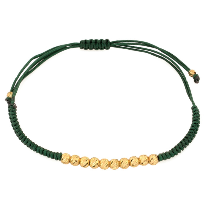 Bransoletka złota 585 eleganckie frezowane kulki na zielonym sznurku