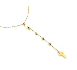 Złoty naszyjnik z kuleczkami z perłą z krzyżykiem 