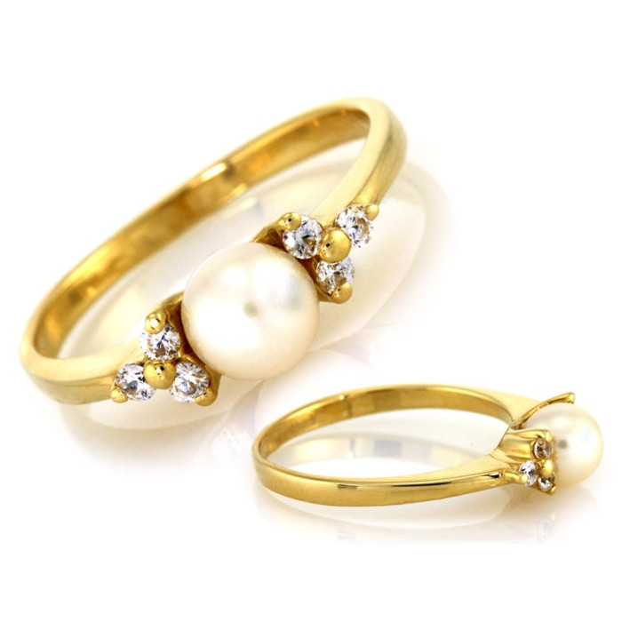 Złoty pierścionek 585 z perłą i cyrkoniami na prezent