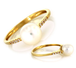 Złoty pierścionek 585 damski z cyrkoniami i perłą