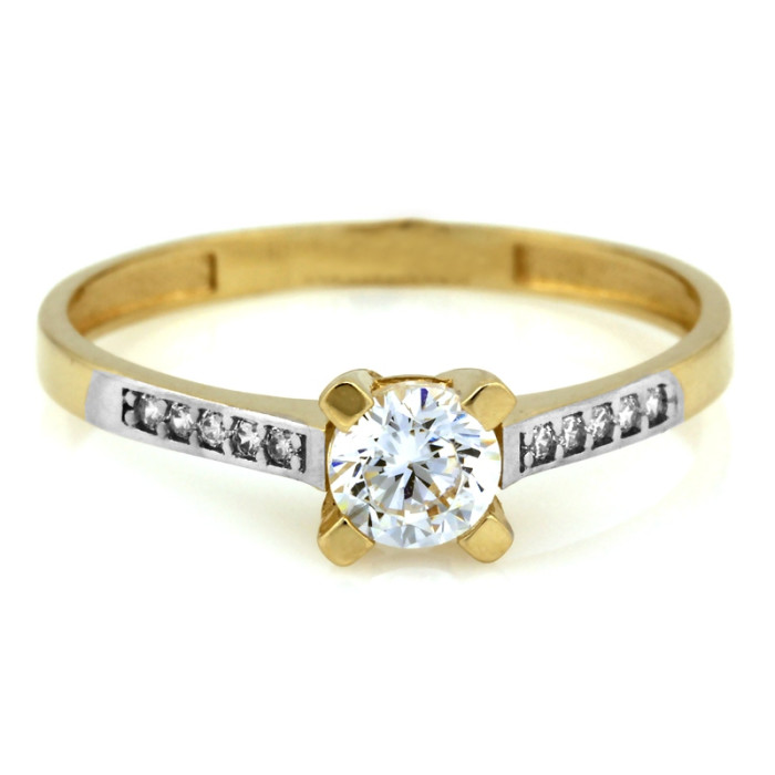 Złoty pierścionek 585 z dużą białą cyrkonią dwukolorowe złoto zaręczynowy wzór na prezent