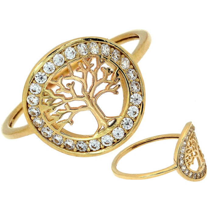 Złoty pierścionek 585 z drzewkiem szczęścia i życia z cyrkoniami na prezent