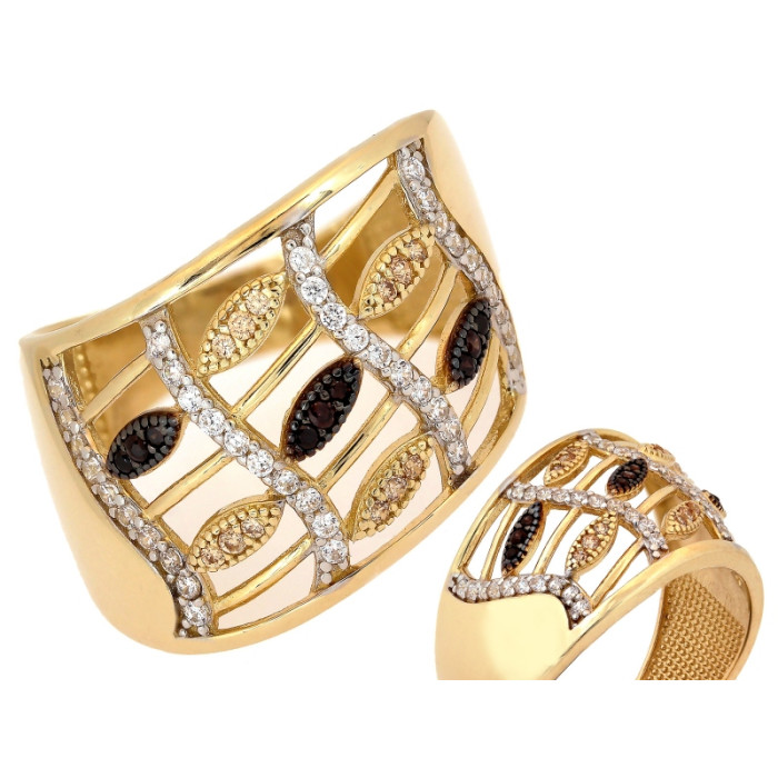 Złoty pierścionek 585 szeroki pierścień ażurowy z cyrkoniami