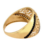 Złoty pierścionek 585 ażurowy z wzorem greckim z czarnymi cyrkoniami