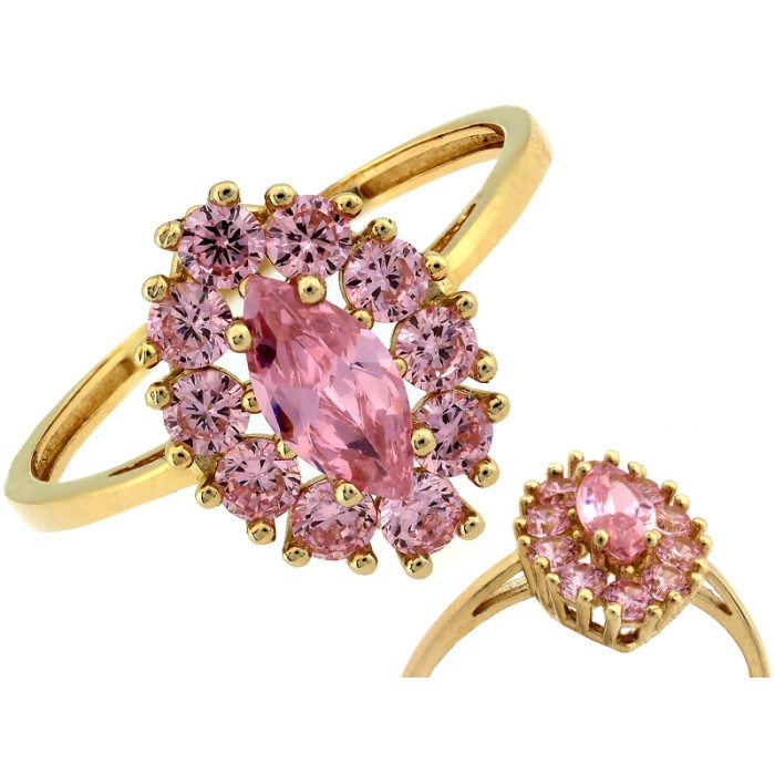Złoty pierścionek 585 elegancki subtelny z różowymi cyrkoniami