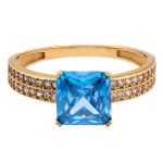 Złoty pierścionek 585 z kwadratowym niebieskim topazem syntetycznym