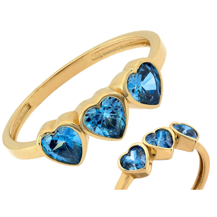 Złoty pierścionek 585 z trzema niebieskimi cyrkoniami z sercami