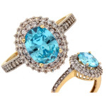 Złoty pierścionek 585 markiza z niebieskim topazem syntetycznym i cyrkoniami