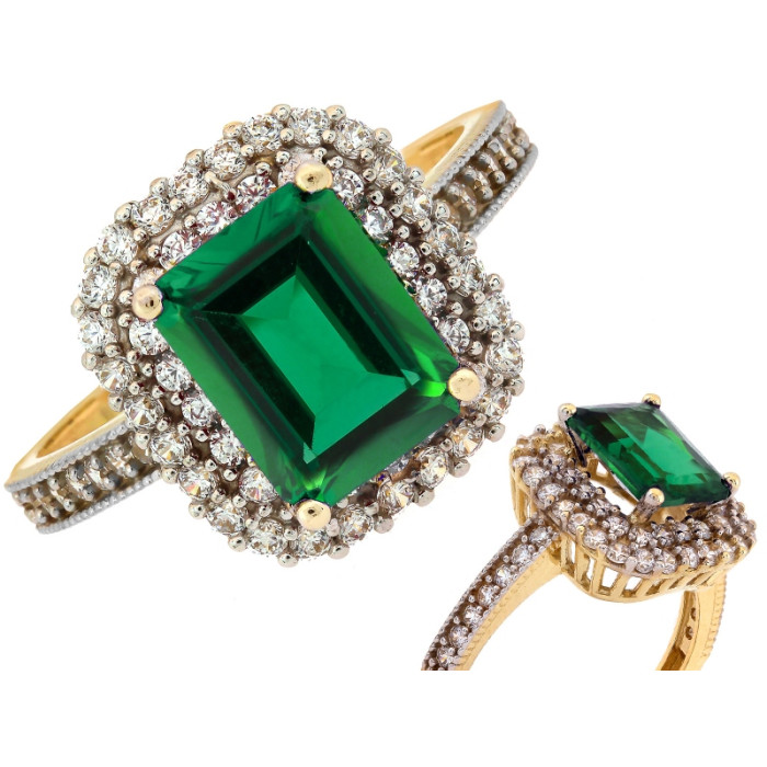 Złoty pierścionek 585 z zielonym prostokątnym szmaragdem syntetycznym