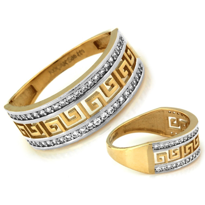 Złoty pierścionek 585 z greckim wzorem z białymi cyrkoniami dwukolorowy