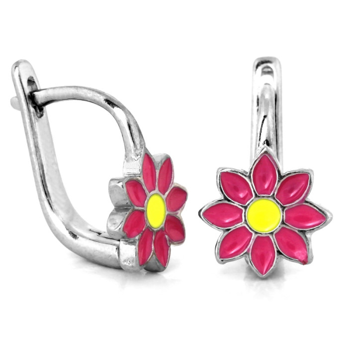 Srebrne kolczyki dla dziewczynki z emaliowanym kwiatkiem 