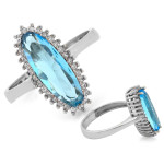 Srebrny pierścionek duża owalna markiza z niebieskim oczkiem