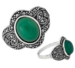 Pierścień srebrny oksydowany z zielonym kamieniem duży efektowny 