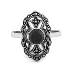 Duży srebrny pierścień owalny ażurowy oksydowany z czarnym kamieniem 
