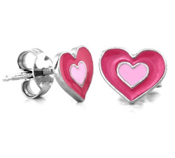 Kolczyki srebrne dla dziewczynki na sztyft różowe emaliowane serce 