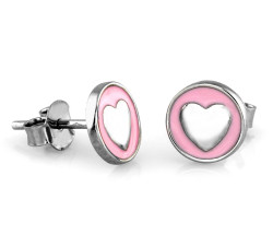Srebrne kolczyki okrągłe na sztyfcie z sercem i różową emalią 
