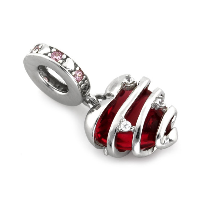 Zawieszka srebrna beads charms serce z czerwonym kamieniem