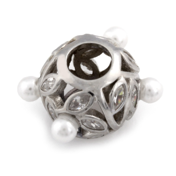 Srebrna zawieszka charms beads kulka z cyrkoniami z perłami 