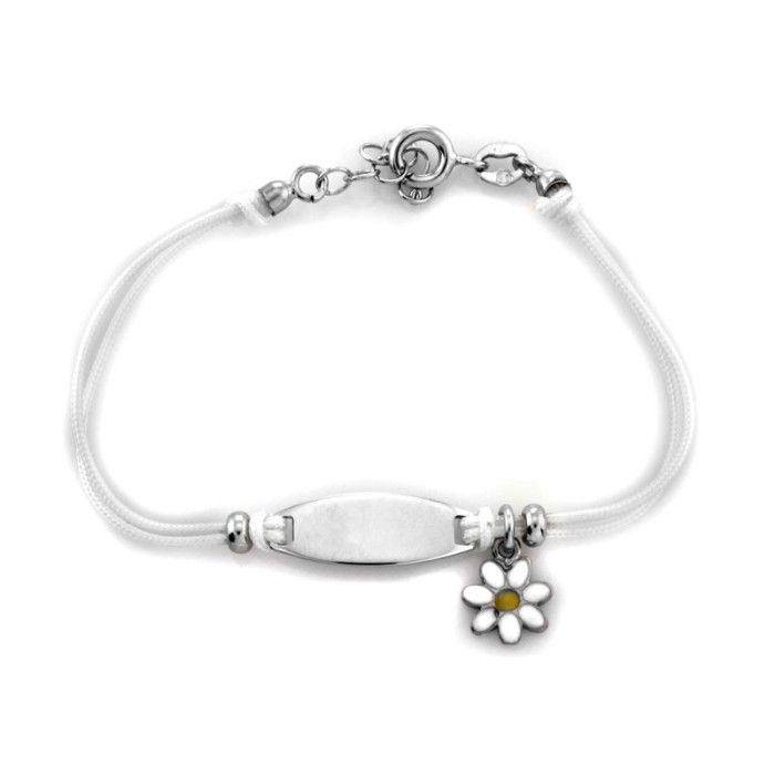 Sznurkowa bransoletka srebrna biała z kwiatkiem