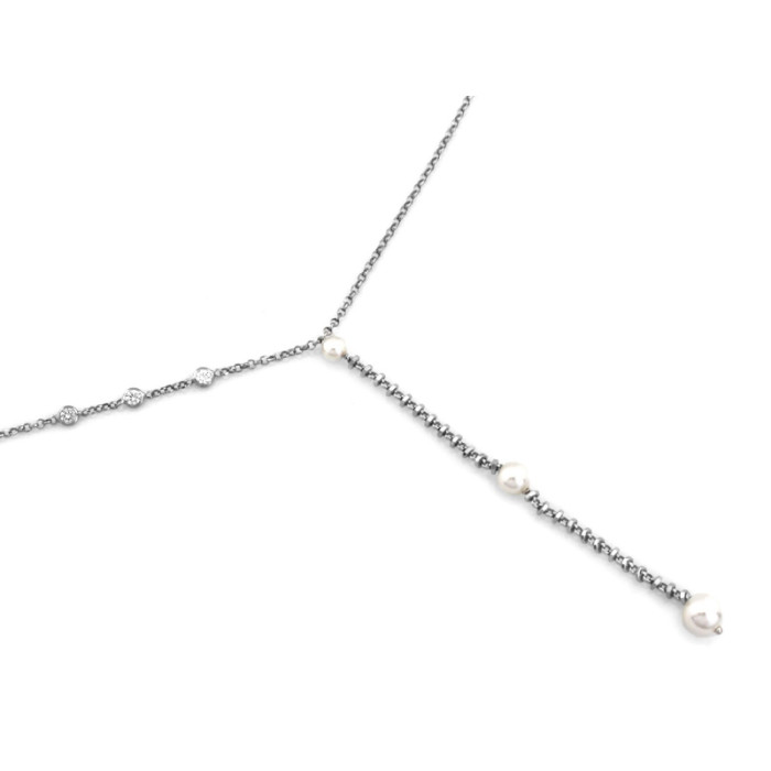 Naszyjnik srebrny z cyrkoniami i perłami krawatka