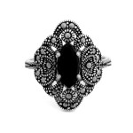 Duży srebrny pierścień z markazytami i czarnym kamieniem oksydowany