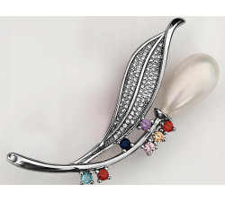 srebrna broszka perła i kolorowe cyrkonie