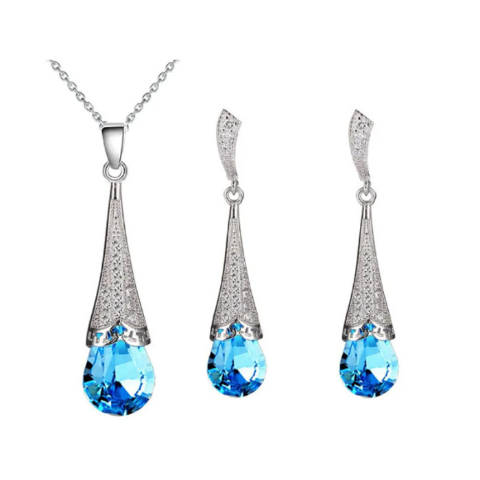 Komplet eleganckiej biżuterii z błękitnymi cyrkoniami na prezent