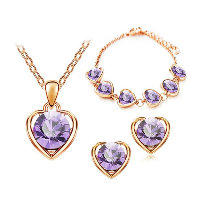 Komplet biżuterii serduszka z liliowymi cyrkoniami serca na prezent
