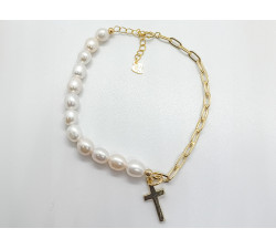 srebrna bransoletka 925 z perłami i krzyżykiem