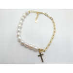 Srebrna bransoletka pozłacana 925 elegancka z białymi perłami i krzyżykiem