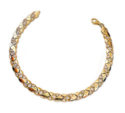 Złota bransoletka 585 elementowa z gładkimi blaszkami zdobionymi cyrkoniami
