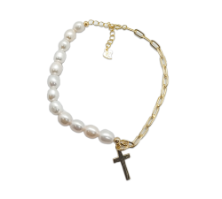 srebrna pozłacana bransoletka 925 perły i krzyż