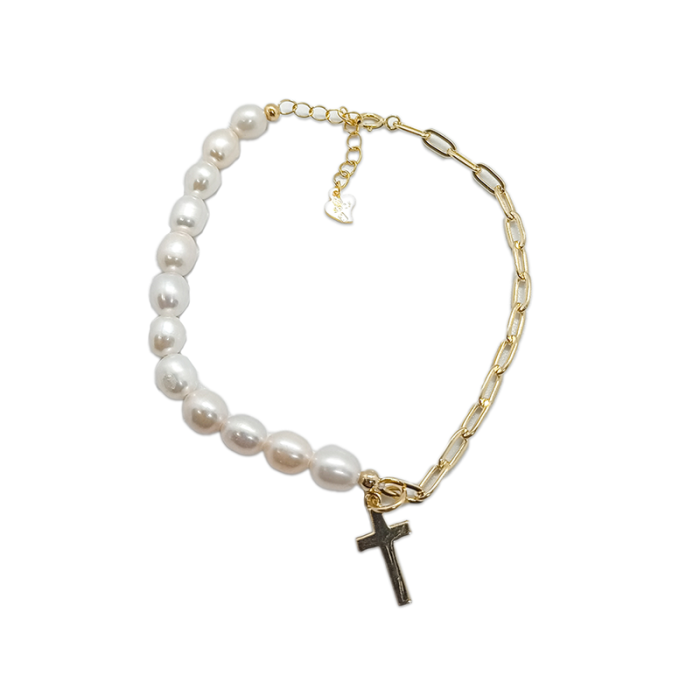 Srebrna bransoletka pozłacana 925 elegancka z białymi perłami i krzyżykiem