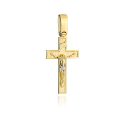 Krzyż złoty satynowy ze zdobieniem z ukrzyżowanym Jezusem