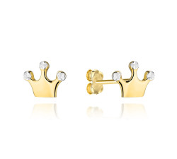 Kolczyki złote korona z diamentowaniem w dwóch kolorach złota