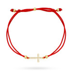 Bransoletka złoty krzyżyk z cyrkoniami na czerwonym sznurku