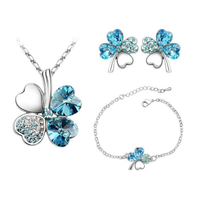 Komplet biżuterii koniczynki błękitne z cyrkoniami