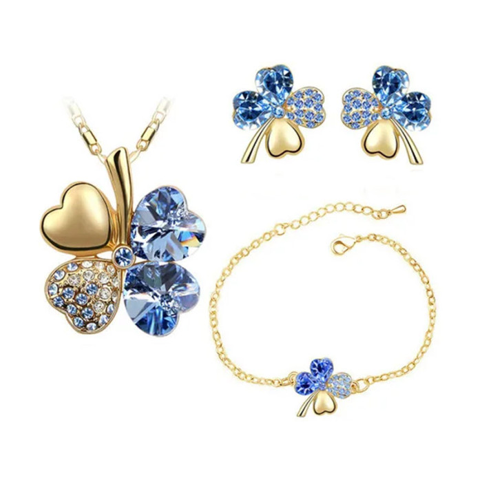 Komplet biżuterii koniczynki niebieskie cyrkonie