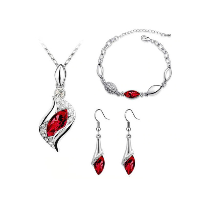 Komplet biżuterii czerwone cyrkonie łezki kryształowe rubinowe