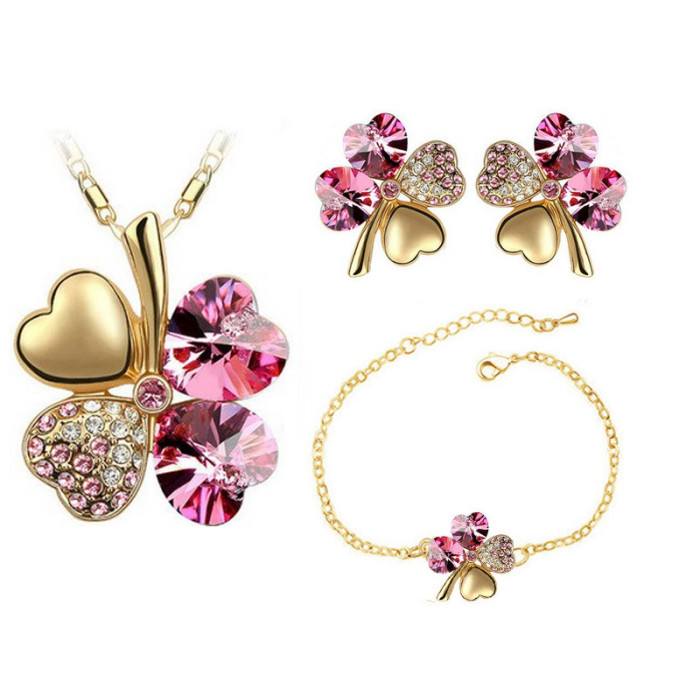 Komplet biżuterii koniczynki różowe cyrkonie koniczyny na prezent