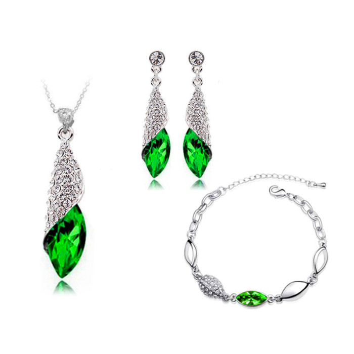 Komplet biżuterii z zielonymi cyrkoniami w kształcie migdałów