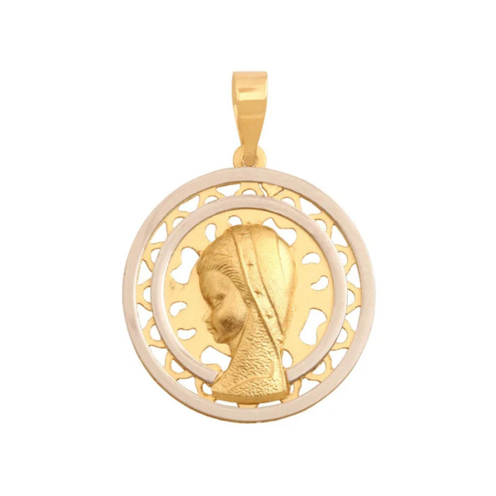 Złoty medalik 585 Matka Boska w ringu z białego złota ażurowe kółko