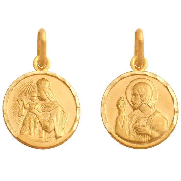 Złoty medalik 585 okrągły szkaplerz z Matką Boską i Dzieciątkiem Jezus Komunia