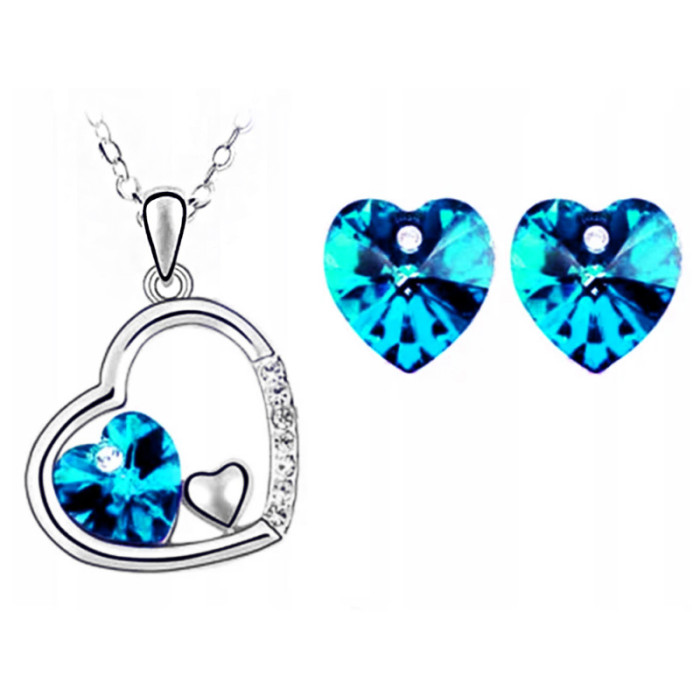Srebrny komplet biżuterii lazurowe serca na prezent błękitne cyrkonie