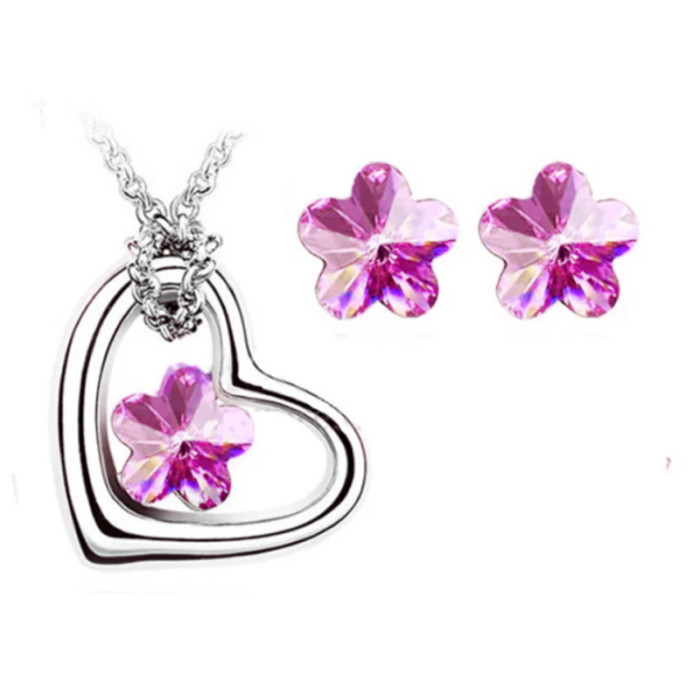 Komplet biżuterii różowe serca z kwiatuszkami cyrkonie na prezent