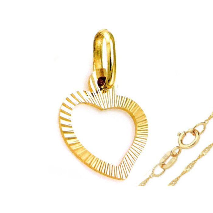 Złoty komplet biżuterii 585 frezowana ramka serca na łańcuszku singapur