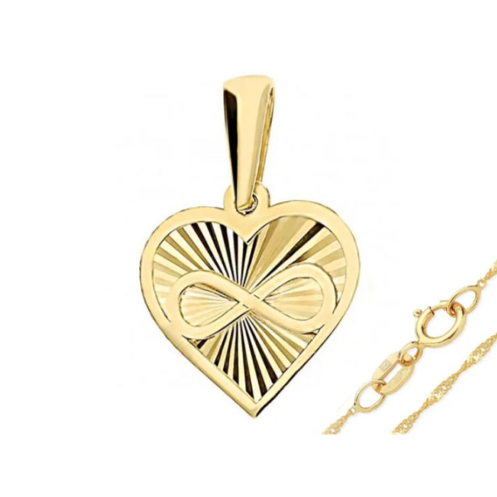 Złoty komplet biżuterii 585 diamentowane serce z nieskończonością serduszko infinity