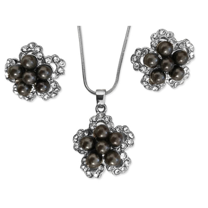 Komplet biżuterii damskiej elegancki motyw kwiatuszków z cyrkoniami ciemne perły