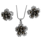 Komplet biżuterii damskiej elegancki motyw kwiatuszków z cyrkoniami ciemne perły